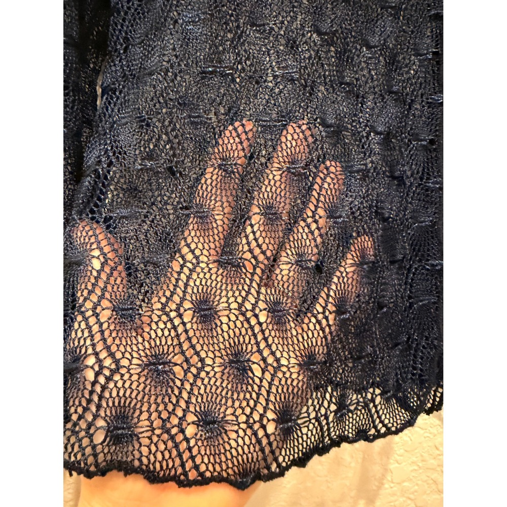 Y2K Navy Blue Lace Tie Front Cardigan Sheer Knit Shrug Top Womens Academia S‎ - Picture 5 of 10